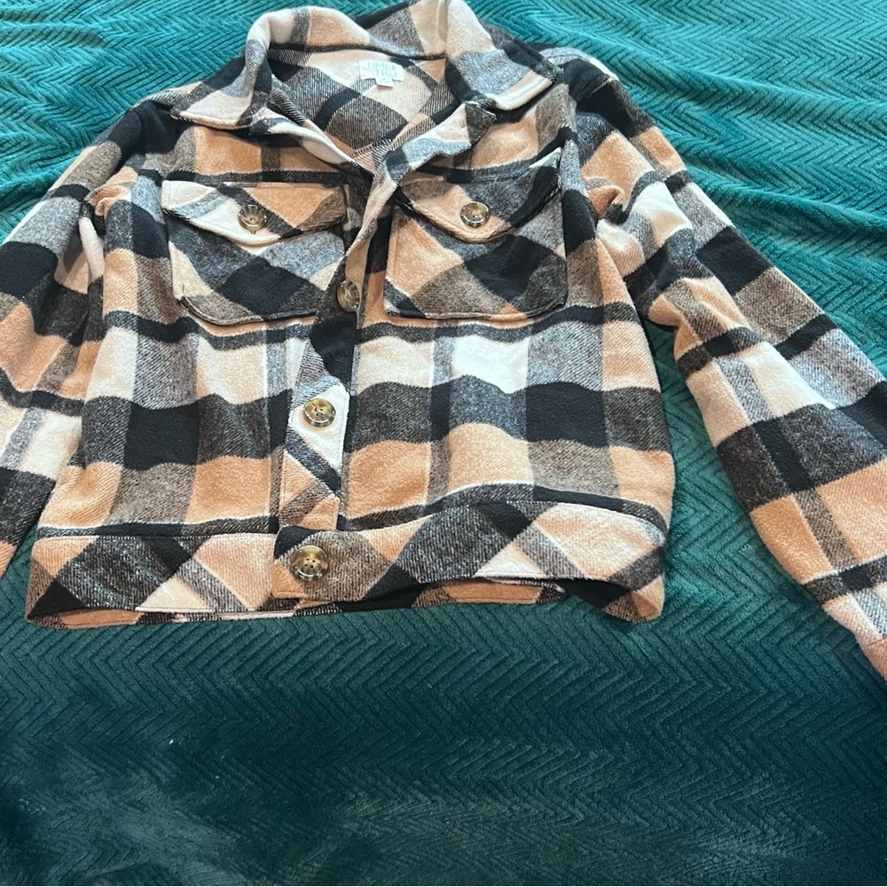 Time & True Plaid Shacket Pockets Black,Tan,&White Cottagecore Whimsy Urban - Picture 11 of 11